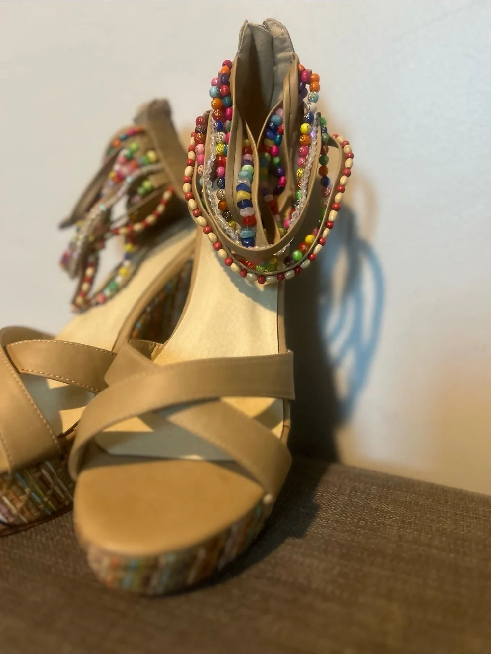 Getmorebeauty Women’s Tan Wedge Sandals with Multicolor Beaded Straps
